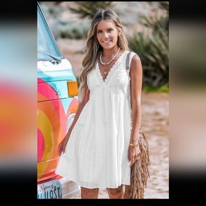 Cupshe White Linen Eyelet Sleeveless Mini Dress